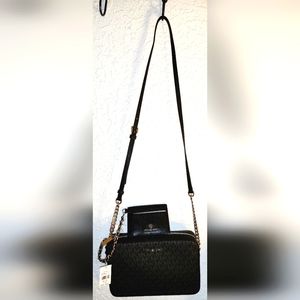 NWT Michael Kors SET Black Leather Jet Set Crossbody Bag & Card Holder w Chain